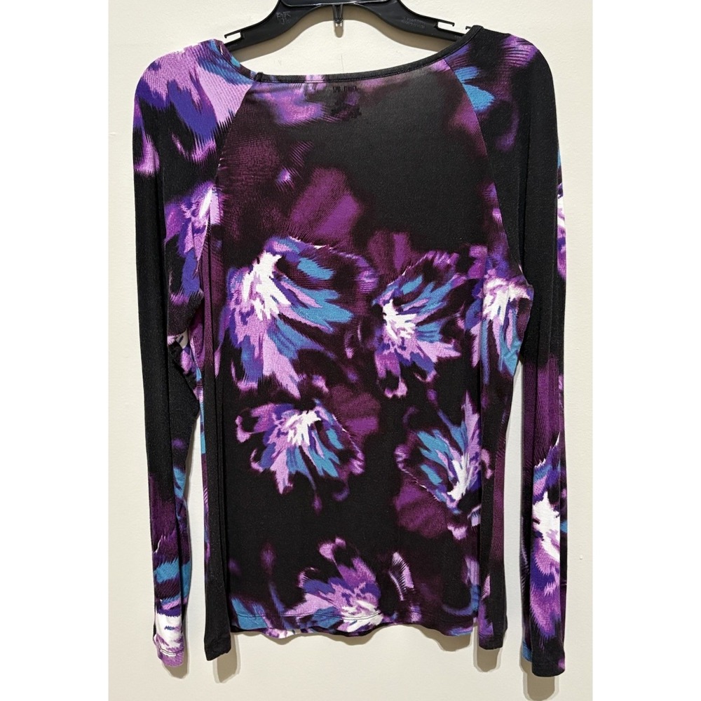 Jennifer Lopez Top Women M Purple Floral Keyhole Neck Long Sleeve Blouse - Picture 7 of 7